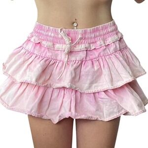 L Pink Tie Dye Ruffled Tiered Mini Skirt Barbiecore Cottagecore Fairycore Whimsy